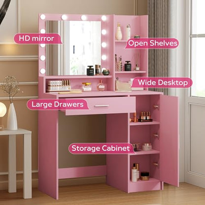Palimder Vanity Desk with Mirror & Light, Large Drawer Three Level Storage Dresser, 3 Lighting Modes Adjustable Brightness, Bedroom Dressing Table - color: Pink