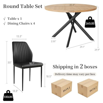 HIPIHOM 45.3 Inch Round Dining Table Set for 4, Mid Century Modern Small Kitchen Coffee Set for Dining Room Kitchen Apartment (Oak Table + 4 Black Chairs) - color: Oak Table+4 Black Chairs