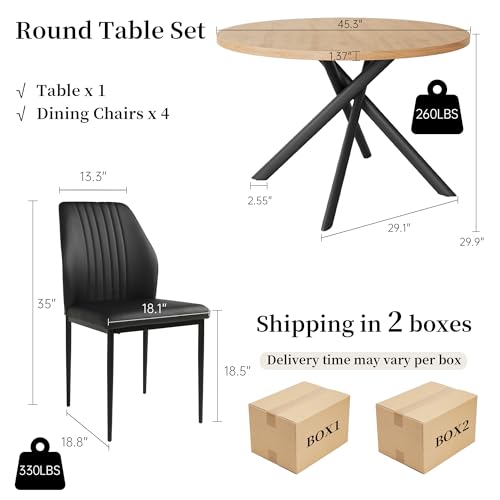 HIPIHOM 45.3 Inch Round Dining Table Set for 4, Mid Century Modern Small Kitchen Coffee Set for Dining Room Kitchen Apartment (Oak Table + 4 Black Chairs) - color: Oak Table+4 Black Chairs