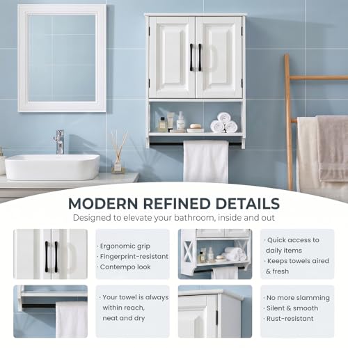 Bathroom Wall Cabinet, 25"x19" Farmhouse Wall Mounted Medicine Cabinet with 2 Raised Panel Doors, Adjustable Shelf & Towel Bar–Over Toilet Storage Organizer for Laundry Room, Entryway or Small Spaces - size: 7.09"D x 25"W x 19.29"H