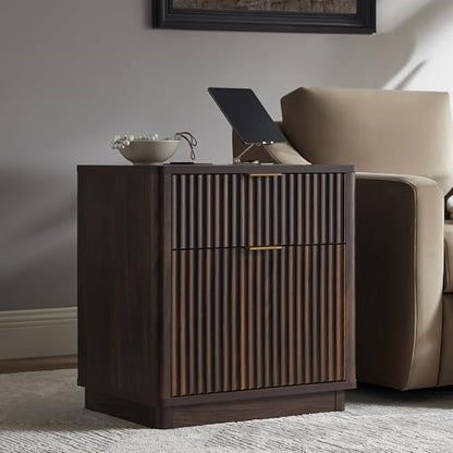 T4TREAM 23'' Fluted Nightstand with Charging Station, Modern, Dark Walnut | Large 2 Drawer, Curved Profile, Mid-Century, Bedside Table with Storage, End Table for Living Room, Bedroom, Side Table - color: Dark Walnut