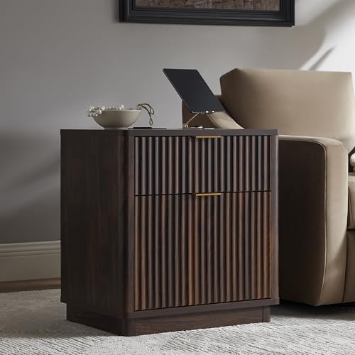 T4TREAM 23'' Fluted Nightstand with Charging Station, Modern, Dark Walnut | Large 2 Drawer, Curved Profile, Mid-Century, Bedside Table with Storage, End Table for Living Room, Bedroom, Side Table - color: Dark Walnut