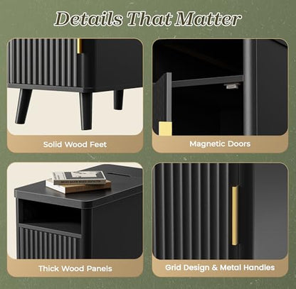 Huuger Narrow End Table with Charging Station, USB-C Port | Fluted Nightstand with Storage Cabinet, Back Rack, Farmhouse Side Table for Small Spaces, 13.4 × 23.6 Inch Night Stand, Black - color: Black