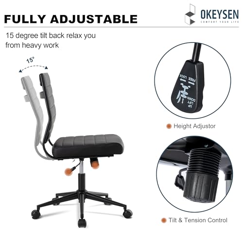 Okeysen Office Desk Chair No Arms, Mid Back Ergonomic Swivel Black Armless Conference Room Chairs, Adjustable Height PU Leather Home Desk Chair, Modern Small Rolling Computer Task Chair - color: Black With Black Frame