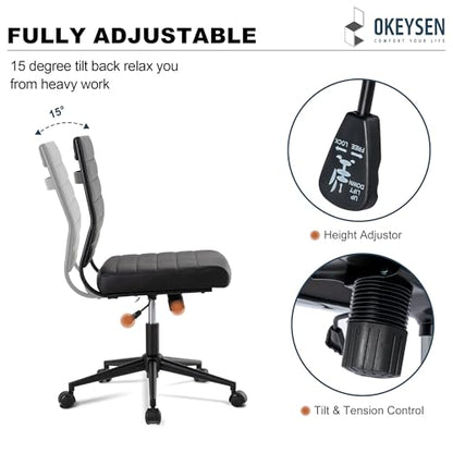 Okeysen Office Desk Chair No Arms, Mid Back Ergonomic Swivel Black Armless Conference Room Chairs, Adjustable Height PU Leather Home Desk Chair, Modern Small Rolling Computer Task Chair - color: Black With Black Frame