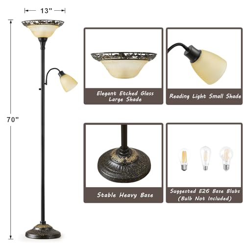 Luvkczc Torchiere Floor Lamps for Living Room, 70" Tall Standing Lamp | Etched Glass Shade, Metal Pole, with Adjustable Gooseneck Reading Light, Vintage tall lamp for Bedroom, Corner, Home Decor - color: Black,Yellow 2