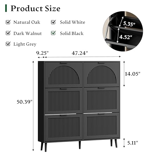 Xixini Shoe Storage Cabinet with 6 Flip Drawers, 50" Tall Narrow Wood Fluted Shoe Organizer for Entryway, Freestanding Wooden Hidden Slim Shoe Rack for Front Door Entrance, Hallway, Foyer, Solid Black - color: Solid Black, size: 6 Flip Drawers