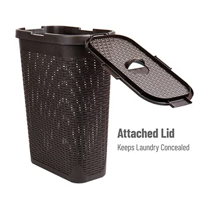 Mind Reader Slim Laundry Hamper with Lid, 40L Clothes Basket, Narrow Tapered Design with Ventilated Cutout Pattern, Plastic, Brown - color: Brown, size: Single