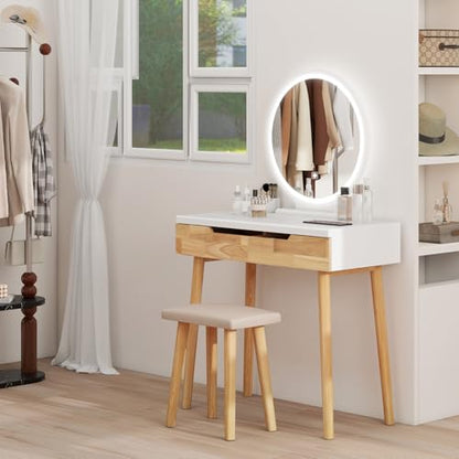 YOURLITE Makeup Vanity Desk with Lighted Mirror & Stool | 31.5" Makeup Table, 3 Lighting Modes, Adjustable Brightness, 2 Drawers, Cushioned Stool, Round Mirror - size: 31.5", style: Round Mirror Wooden