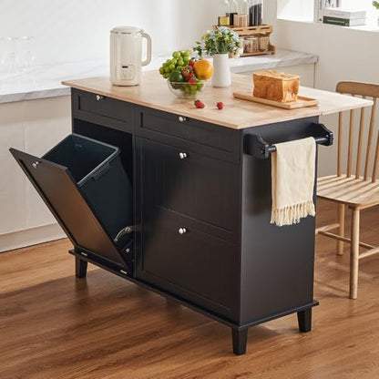 VEVOR Kitchen Island Cart, 50" Wood Top Breakfast Bar with Trash Cabinet Tilt Out 10 Gallon Storage, Farmhouse Dining Living Room Table with Drop Leaf, Towel Bar, Drawer, Black - color: Black