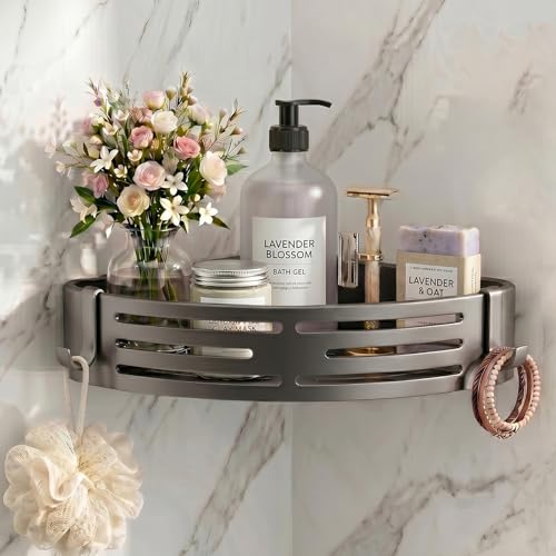 Shower Caddy Suction Cup, Rustproof Aluminum Shower Shelves with Hooks, No-Drilling Upgrade Bionic Suction Cup Shower Organizer, Removable Bathroom Storage Corner Shelf (Grey)