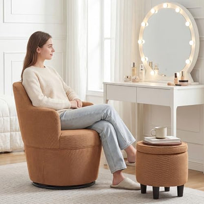LOULENS Swivel Accent Chair with Storage Ottoman, Brown | Linen, Small, Barrel, Reading Chair, Vanity Chair, Comfy Single Sofa, Armchair, For Living Room, Bedroom - color: Brown