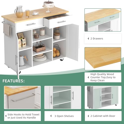 Shintenchi Kitchen Island with Storage, Kitchen Island Cart on Wheels with 3 Open Shelves, 2 Drawers and 2 Cabinets, Rolling Kitchen Table with Large Countertop, White - color: Green and White-26 Inch