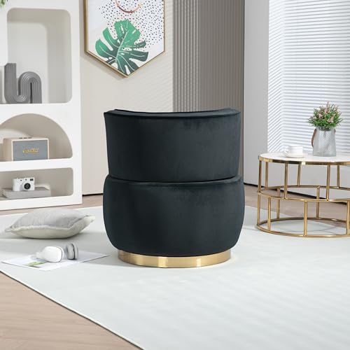 SLEERWAY 360° Swivel Barrel Chair, Modern Velvet Round Accent Chair, Comfy Upholstered Small Armchair with Gold Metal Base for Living Room Bedroom Nursery Office Sillas para Sala, Black - color: Black