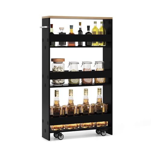 Slim Storage Cart, 4-Tier Rolling Cart with Handle & Wooden Top for Kitchen Bathroom Laundry Living Room Narrow Small Spaces, 5 Inches Width (Black & Natural) - color: Black & Natural