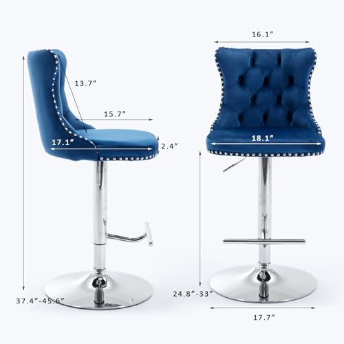 Velvet Bar Stool Set of 2, Adjustable Swivel Bar Stools with Silver Plated Metal Leg, Button Tufted, Footrest, Chrome Nailhead, Counter Height Chair for Kitchen, Bar, Dining Room (Blue) - color: Blue-silver Leg, size: Set of 2