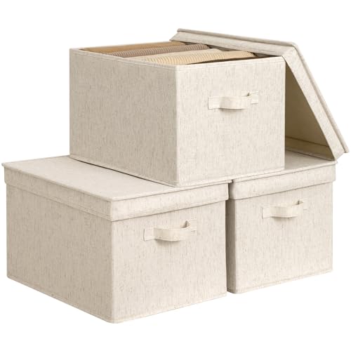 StorageWorks Fabric Storage Bins with Lids, Closet Storage Bins | Lidded Dust-proof, Easy Pull Handles, Foldable, Stackable, Ideal for Clothes Blanket Towel, Jumbo, Rustic Linen, 3-Pack - color: Rustic Linen, size: Jumbo