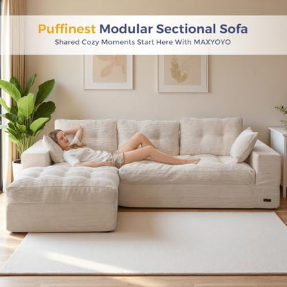 MAXYOYO Boneless Couch, 96-Inch L-Shaped Cloud Couch with Ottoman | Beige Layered Cushioning and Flexible Modules Create an Upholstered Sofa in a Box with No Assembly for Spacious Living Rooms. - color: Beige, size: 96" L Shape