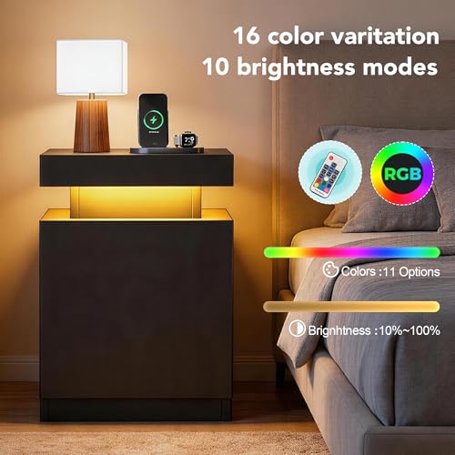 Nightstands Set of 2, 17.7 Inches LED Night Stand Set 2 with Power Outlets, Bedside Table with Sliding Top Storage, Modern End Table for Bedroom, Black - color: Black-17.7"