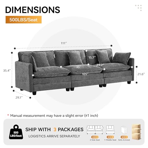 111'' Sectional Cloud Deep Seat Couch, Modern Comfy Chenille Modular Sectional Sofa for Living Room Set, Upholstered Modular 3-Seats Sofa Couch, Grey - color: Grey, size: 111'' 3 Seats