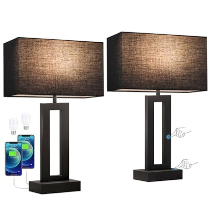 Seealle Nightstand Table Lamps for Bedrooms Set of 2 - Touch Bedside Lamp with USB C+A, 3 Way Dimmable Living Room End Tables 2, Modern Night Stand Bed Side Guest Room(Black) E. Black - color: E. Black&Black, size: Medium(19.6in)