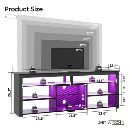 Bestier Modern LED TV Stand, 75" Gaming Media Console, Carbon Fiber Black - color: Black Carbon Fiber, size: 70 inch
