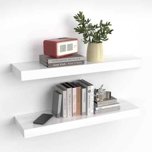 Habudda Floating Shelves, Natural Wood Wall Shelf, White Wooden Rustic Decor for Bathroom Kitchen Bedroom, 23.6 inches Hanging Mounted Invisible Bracket, 2 Set - color: White, size: 23.6"×6.7"×1.6"