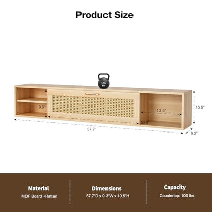 Rattan Floating TV Stand for 75 Inch TV, Wood Wall Mounted TV Cabinet, Mid Century Modern Center TV Stand w/Rattan Cabinet, Entertainment Media Console Large Storage TV Shelfs for Living Room
