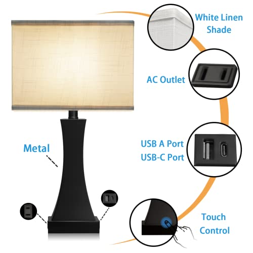 OYedis Set of 2 Touch Control Table Lamps 21.6" 3-Way Dimmable Bedside Nightstand Lamp with Type C/USB Charging Port & Outlet Desk Lamp for Living Room Bedroom Office and Hotel Bulb Included - color: Black Set of 2