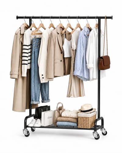 Rolling Clothes Rack - Metal Garment Rack with Mesh Base | Heavy Duty Clothing Rack with Wheels, Portable Hanging Clothes Rack for Bedroom, Laundry Room - color: Jet Black