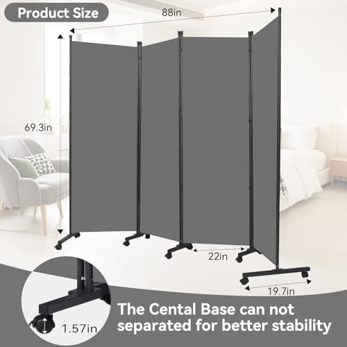 Folding Room Divider W/Wheels,Heavy Duty Base Privacy Screen Separator | 360° Smooth Lockable Rolling Wheels,Foldable Freestanding Wall Divider,Easy Movable Partition for Room Partition - color: Grey, size: B-88''W-4 Panel