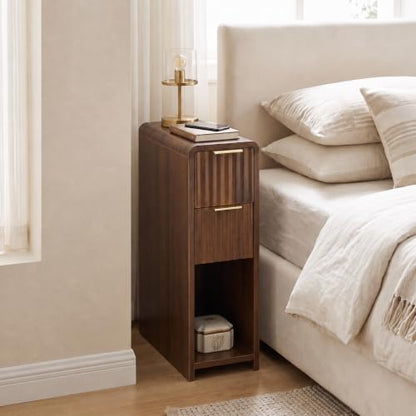 Fluted Slim Side Table with 2 Drawers and Bottom Open Shelf, Skinny End Table with Gold Handles, Walnut Narrow Accent Table for Living Room Bedroom