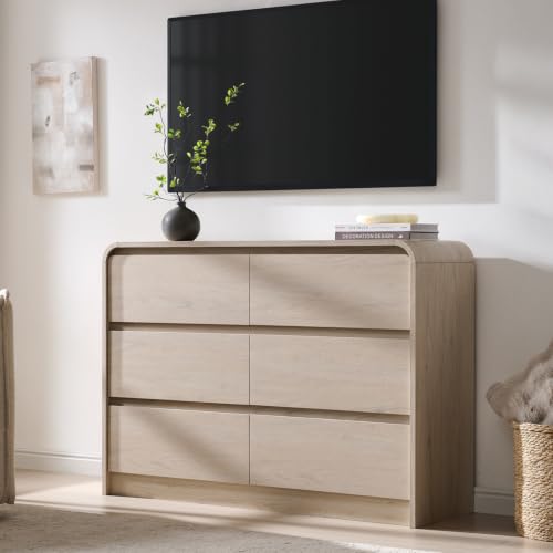 Aitjunz Modern 6 Drawers Dresser for Bedroom, 47" Wide Wood Dressers, Cream | Wooden Dressers & Chests of Drawers w/Curved Profile Design, Mid Century Dresser w/Handleless Design for Bedroom, Living Room - color: Cream, size: 15.5"D x 47.2"W x 33.9"H (6 D