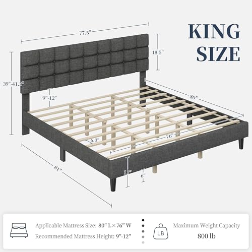 Yaheetech King Size Upholstered Tufted Bed Frame with Headboard, Dark Gray | Sturdy engineered wood frame with linen fabric upholstery features a soft tufted headboard for easy assembly and support - color: Dark Gray, size: King
