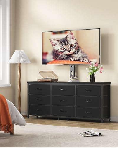 TV Stand with Mount for 32/55/65/75/85 inch TVs, Entertainment Center with 9 Fabric Drawers Dresser Storage, Height Adjustable Media Console - color: Black