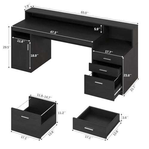 65" Black Computer Desk with 3 Drawers & Printer Shelf for Home Office | Computer Desk with Printer Shelf & File Drawer, Executive Desk Writing Study Table with Monitor Stand, Black - color: Black