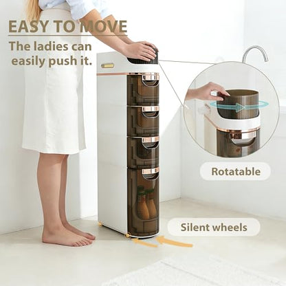 BGYMF 3-Tier Narrow Slim Bathroom Storage Cabinet,Movable,White | ABS and PP,with Wheels and Drawers,Large Storage Capacity,Water Resistant,Toilet Paper Holder,for Small Spaces - size: Slim 3 Tiers