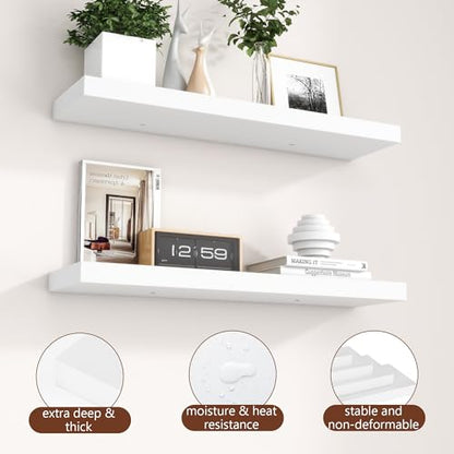 fuqing 30 Inch Floating Shelves, 6.7 Inch Deep White Wall Shelves Set of 2 | 30'' x 6.7'' x 1.4'' White Wood Shelves for Bathroom, Living Room, 40LBS, Lightweight, Hardware Included, Waterproof Finish - color: White, size: 30 Inch