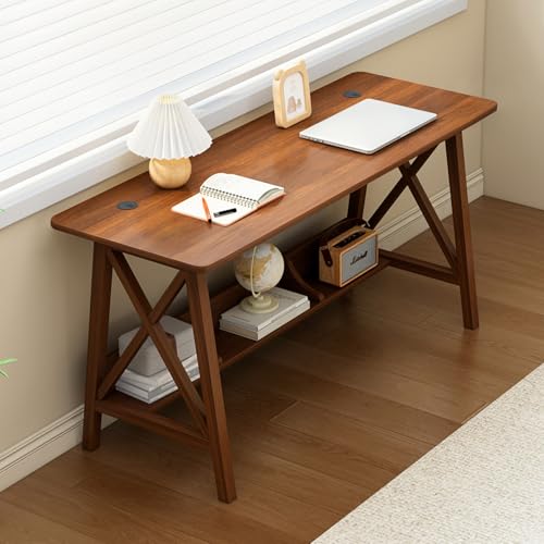 NELYE Extra Long Writing Desk with Bookshelf, 47" Wx16 Dx30 H, Walnut | Wooden Home Office Work Study Table, Computer Gaming Workstation with Storage Shelf, Sturdy MDF Resists Wobble - color: Walnut, size: 47"W16"D