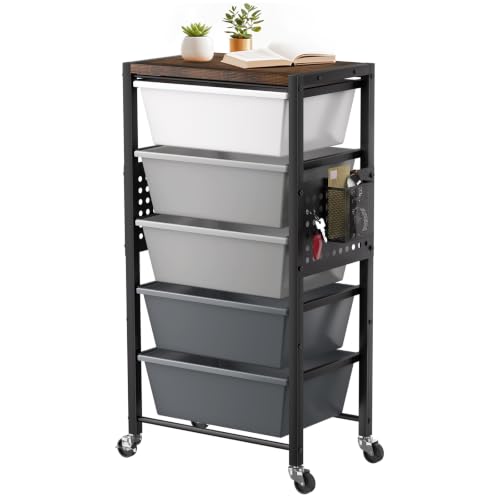 Rolling Cart with 5 Drawers, Plastic Drawer Storage Carts with Wheels & Wooden Tabletop, Metal Utility Cart with Pegboards, Office Living Room Classroom Craft Organization and Storage, Dark Grey - color: Dark Grey, size: 5-drawer