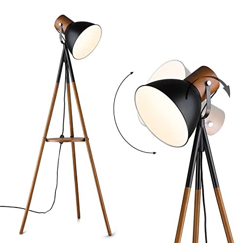 ELYONA Dimmable Tripod Floor Lamp with Table, Wood Standing Lamp with Adjustable Metal Shade, Modern End Table with Reading Light for Livingroom, Bedroom, Office, LED Bulb Included, Black & Brown - style: Modern