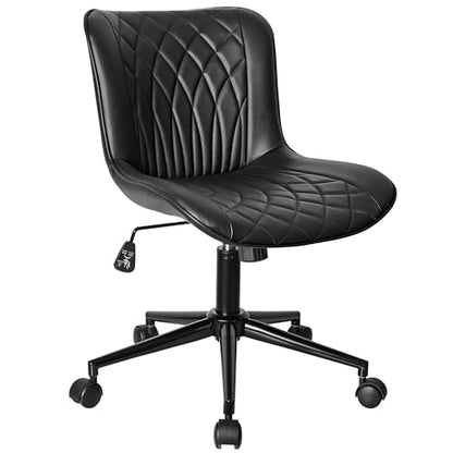 VECELO Mid-Back Desk Chair with Adjustable Height, PU Leather Makeup Vanity Chair with Wheels, Armless Space-Saving Task Chair, for Home Office, Black