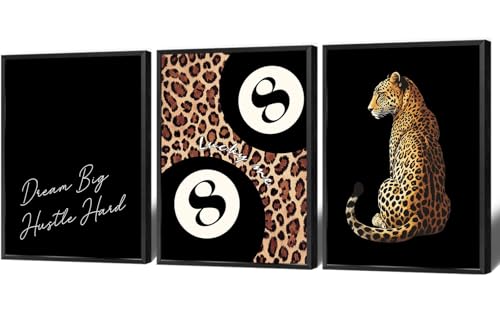 3pcs Black Leopard Wall Art Prints Cheetah Print Pink Leopard 8 Ball Lucky Trendy Animal Print Picture Poster Trendy Y2k Home Room Decor Aesthetics 30X45CM Black Framed - color: Leopard Art-Black Framed, size: 12L" x 18W"
