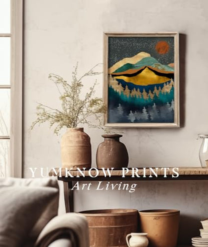 YUMKNOW Boho Mountain Wall Decor - Unframed 12x16, Mid Century Modern Nature Wall Art for Living Room, Dark Bathroom Apartment, Bedroom Pictures, Abstract Office Gifts, Posters for Room Aesthetic - size: 12"L x 16"W