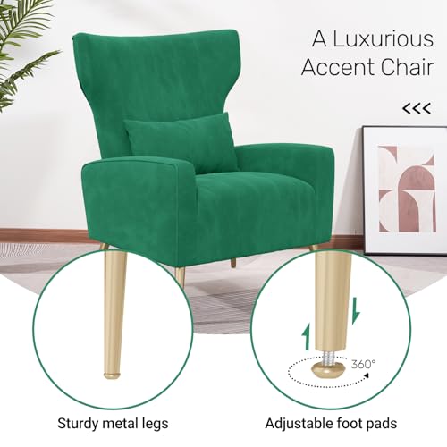 Nebuaegis Velvet Accent Chair Wingback for Living Room, High Back Arm Chair with Golden Legs Lumbar Pillow, Upholstered Single Sofa Bedroom Green - color: Green, size: Set of 1