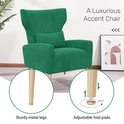 Nebuaegis Velvet Accent Chair Wingback for Living Room, High Back Arm Chair with Golden Legs Lumbar Pillow, Upholstered Single Sofa Bedroom Green - color: Green, size: Set of 1