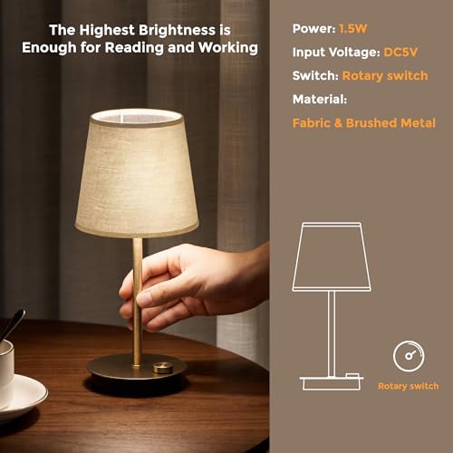 Rechargeable Cordless Table Lamp with Fabric Shade, 2 Pack, Brass | 3600mAh Battery Operated Table Lamp, 2700K Warm Light, Stepless Dimming, for Bedroom, Dining Room, Living Room