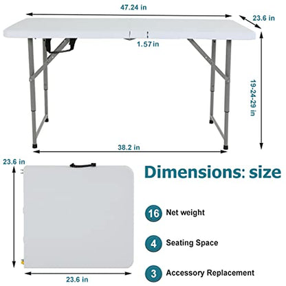 4FT Folding Table, Height Adjustable Table, Heavy Duty Plastic Tables Portable Fold-in-Half Utility Table w/Handle & Lock for Camping BBQ Party Banquet Wedding Market Events, 330LBS - size: 4 FT