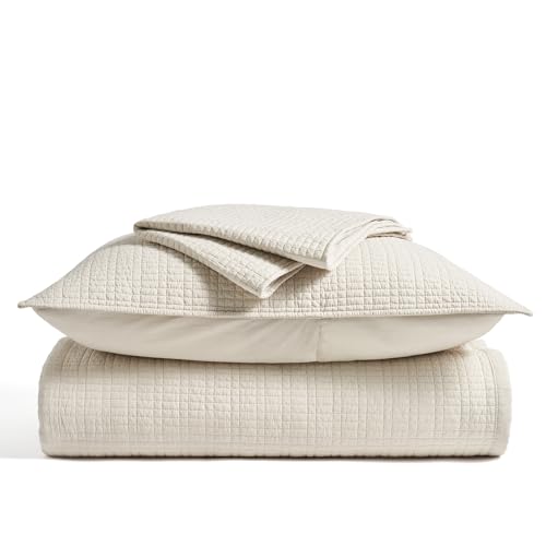 100% Cotton Modern Grid Stitch Quilt Set, Queen Size, Birch | Pre-Washed Cotton Coverlet Bedspread, Oversized Lightweight 3-Piece Bedding Set for All Season, with 2 Pillow Shams - color: Birch, size: Full/Queen (96" X 94")