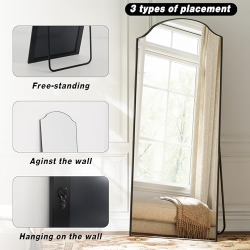 Wave Curved Top Arched Mirror Full Length, 71"x32" Large Mirror | Matte Aluminum Alloy Frame Full Body Mirror, Standing Hanging or Leaning for Bedroom and Living Room, Black - size: 71"L x 32"W